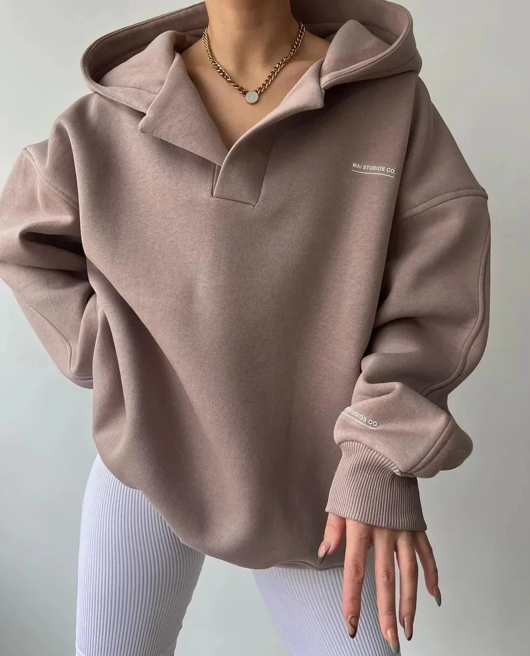 Oversized Hoodie with Drop Shoulder and Collar Placket