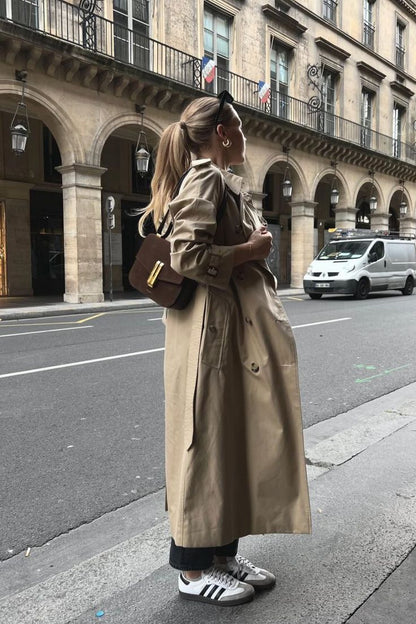 Double-Breasted Longline Trench Coat with Notched Lapels