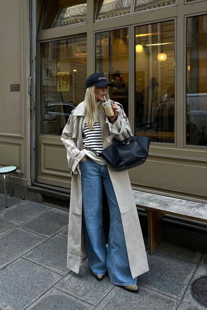 Double-Breasted Longline Trench Coat with Notched Lapels
