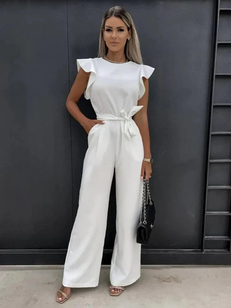 Women's Jumpsuit with Flutter Sleeves, Tie Waist Belt and Wide-Leg Trousers