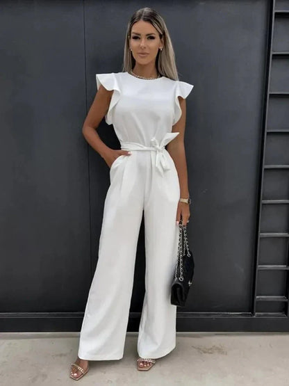 Women's Jumpsuit with Flutter Sleeves, Tie Waist Belt and Wide-Leg Trousers