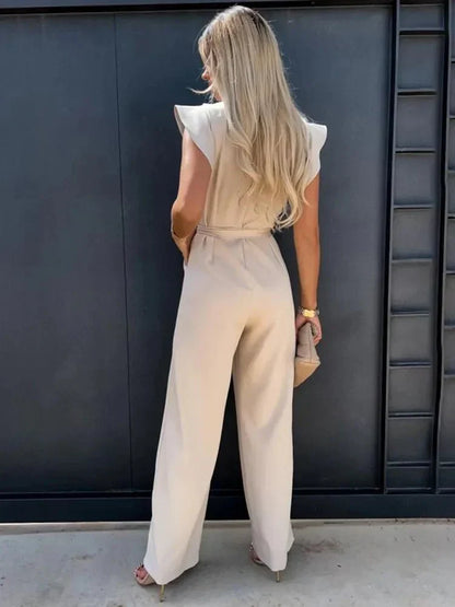 Women's Jumpsuit with Flutter Sleeves, Tie Waist Belt and Wide-Leg Trousers
