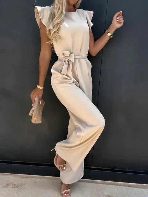 Women's Jumpsuit with Flutter Sleeves, Tie Waist Belt and Wide-Leg Trousers