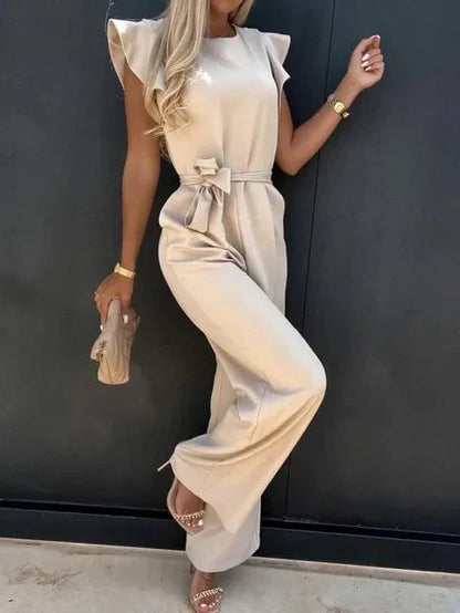 Women's Jumpsuit with Flutter Sleeves, Tie Waist Belt and Wide-Leg Trousers