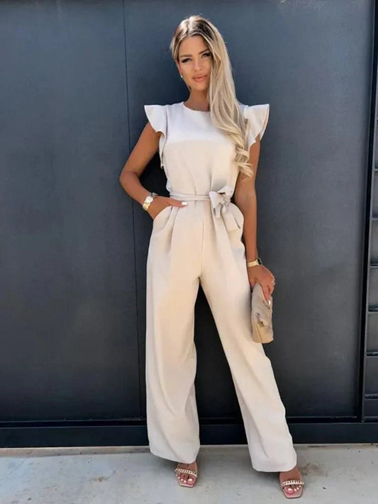Women's Jumpsuit with Flutter Sleeves, Tie Waist Belt and Wide-Leg Trousers