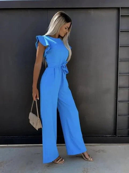 Women's Jumpsuit with Flutter Sleeves, Tie Waist Belt and Wide-Leg Trousers