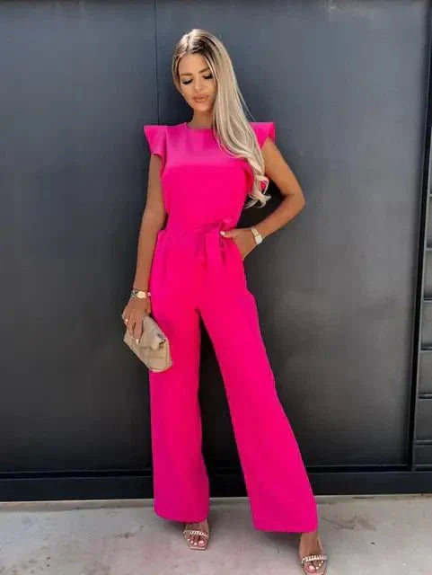 Women's Jumpsuit with Flutter Sleeves, Tie Waist Belt and Wide-Leg Trousers