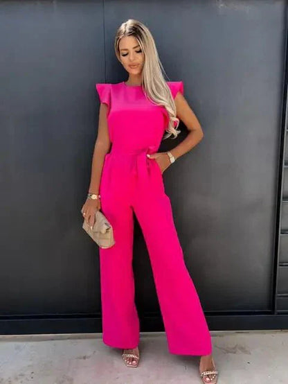 Women's Jumpsuit with Flutter Sleeves, Tie Waist Belt and Wide-Leg Trousers