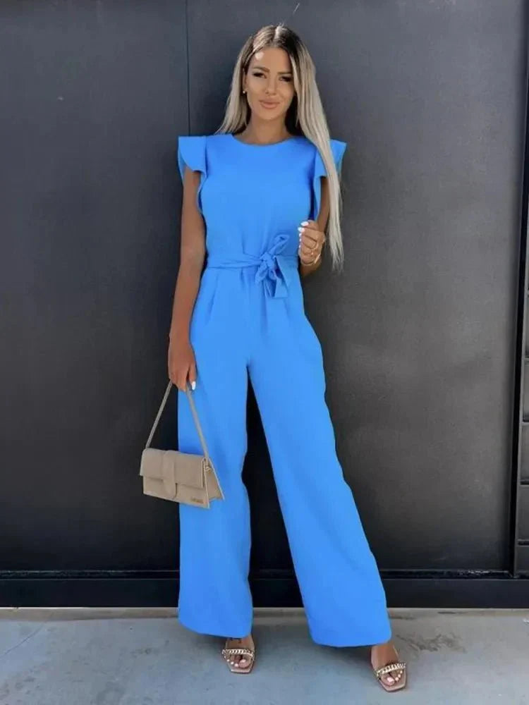 Women's Jumpsuit with Flutter Sleeves, Tie Waist Belt and Wide-Leg Trousers
