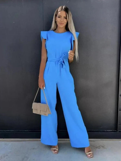 Women's Jumpsuit with Flutter Sleeves, Tie Waist Belt and Wide-Leg Trousers