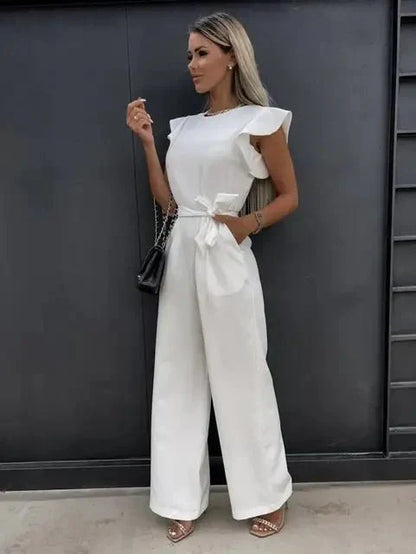 Women's Jumpsuit with Flutter Sleeves, Tie Waist Belt and Wide-Leg Trousers