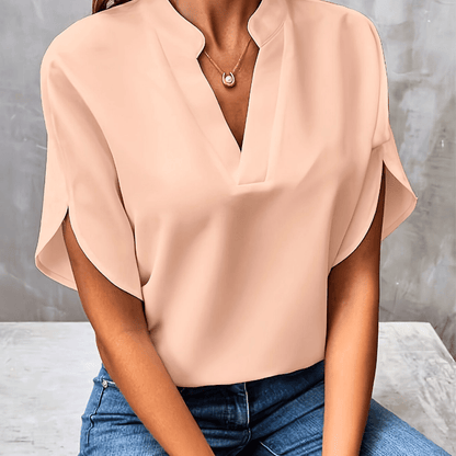 V-Neck Stand-Collar Split-Sleeve Relaxed Blouse