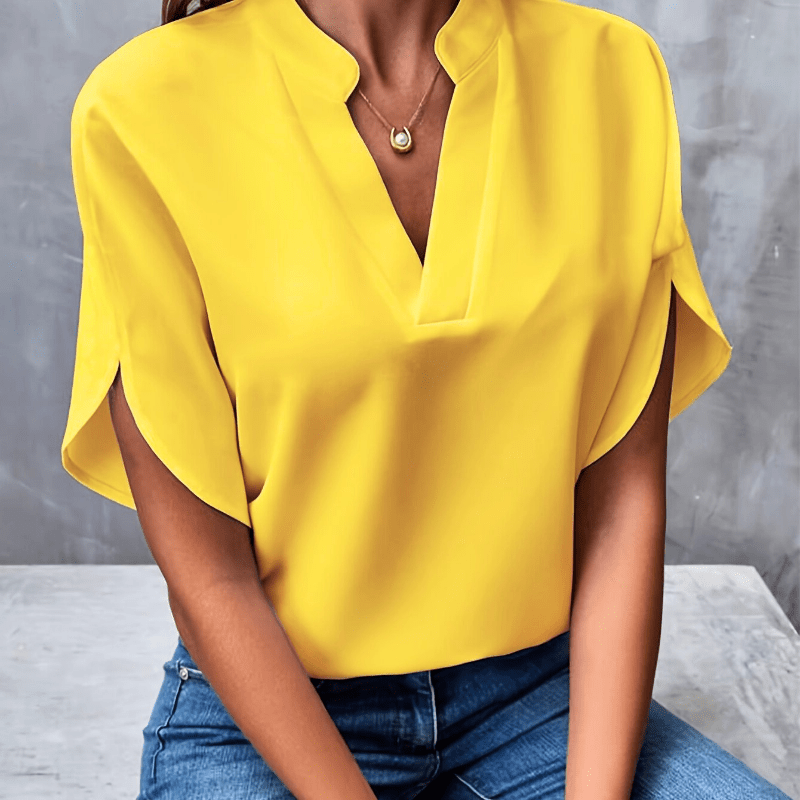 V-Neck Stand-Collar Split-Sleeve Relaxed Blouse