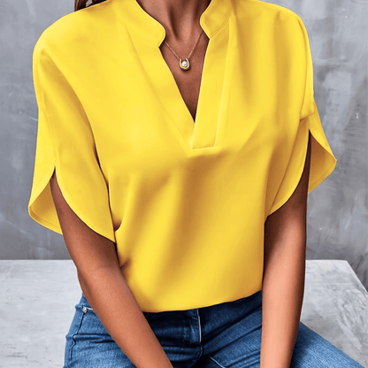 V-Neck Stand-Collar Split-Sleeve Relaxed Blouse