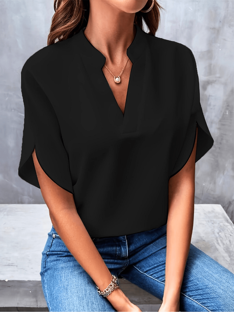 V-Neck Stand-Collar Split-Sleeve Relaxed Blouse