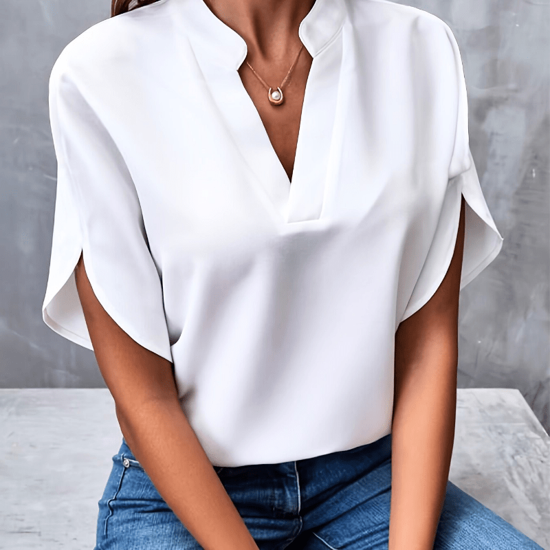 V-Neck Stand-Collar Split-Sleeve Relaxed Blouse