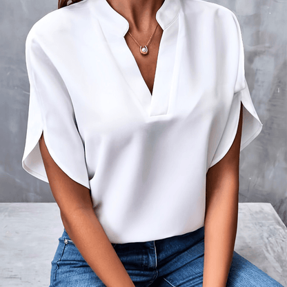 V-Neck Stand-Collar Split-Sleeve Relaxed Blouse