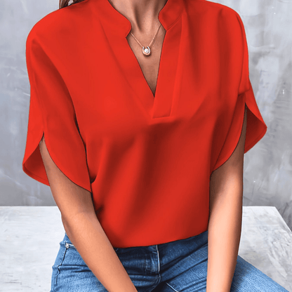 V-Neck Stand-Collar Split-Sleeve Relaxed Blouse