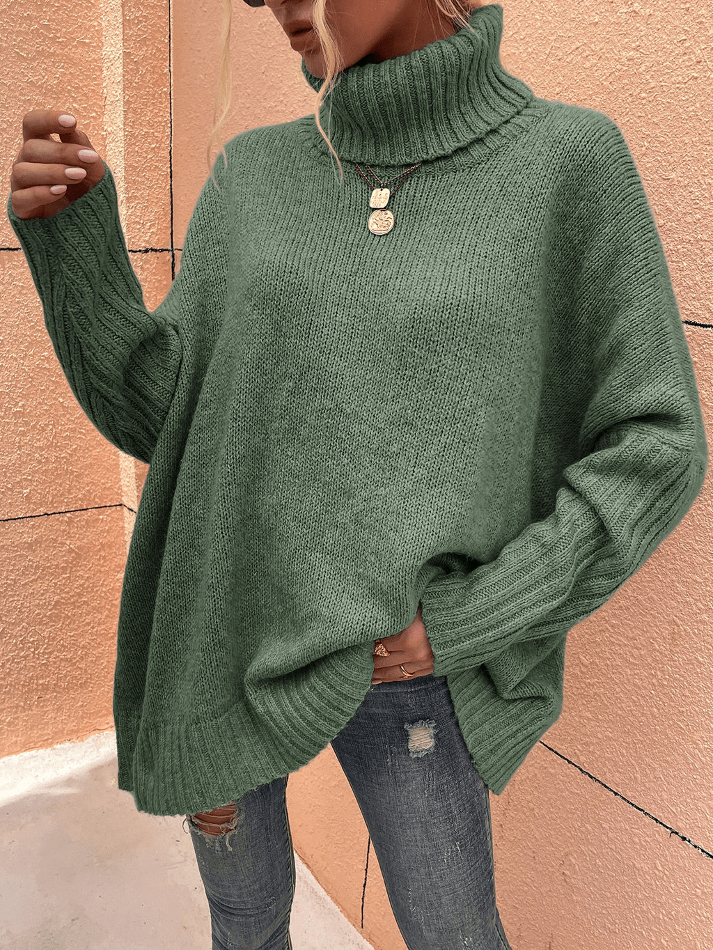Turtleneck Dropped-Shoulder Ribbed-Cuff Sweater