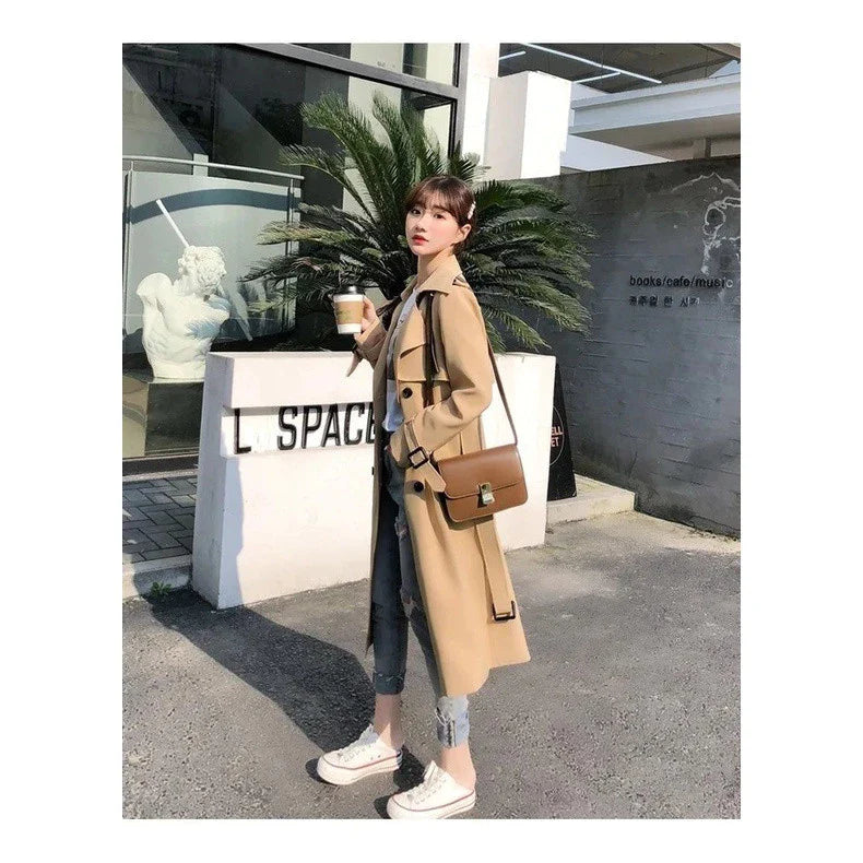 Double-Breasted Trench Coat with Notched Lapels, Tie-Waist Belt, and Mid-Calf Length