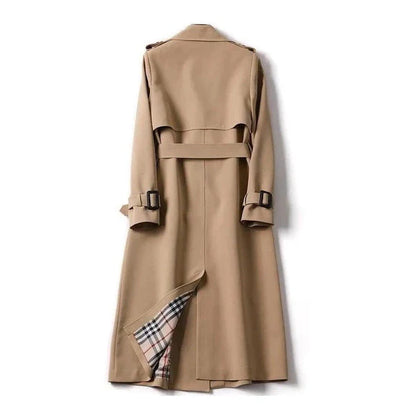 Double-Breasted Trench Coat with Notched Lapels, Tie-Waist Belt, and Mid-Calf Length