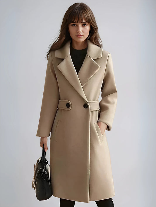 Notched Lapel Long Sleeve Midi Coat with Double Button Closure and Tie Waist