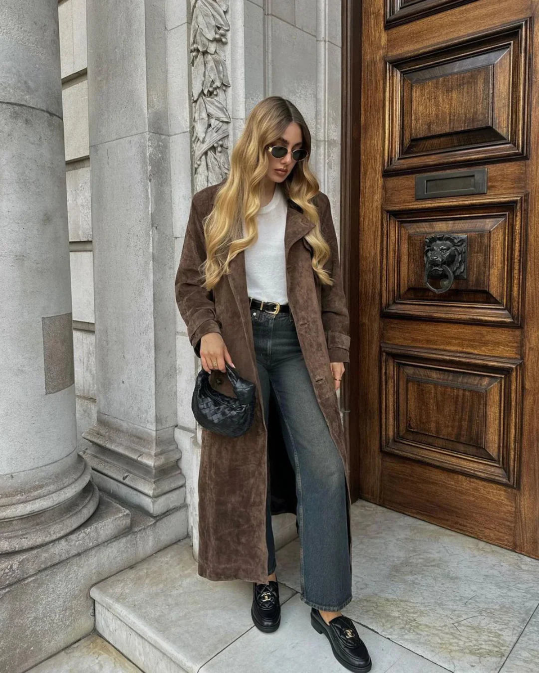 Suede Maxi Coat with Notched Lapels and Button Closure