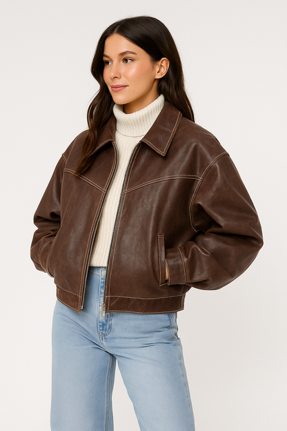 Faux Leather Bomber Jacket with Point Collar and Zip Closure