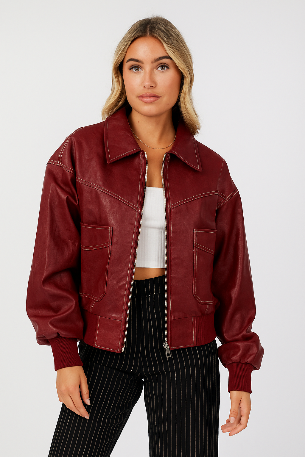 Faux Leather Bomber Jacket with Point Collar and Zip Closure