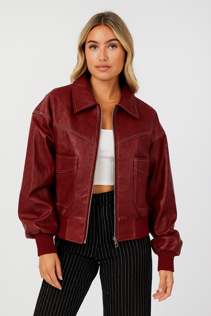 Faux Leather Bomber Jacket with Point Collar and Zip Closure