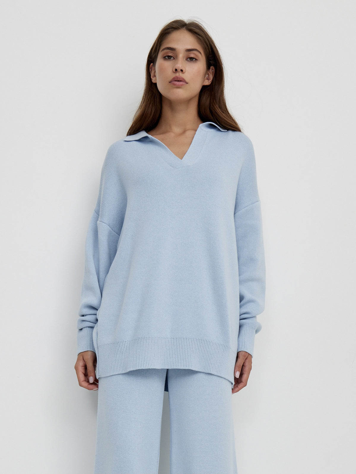 Knit Two-Piece Set with Collared Pullover and Wide-Leg Trousers