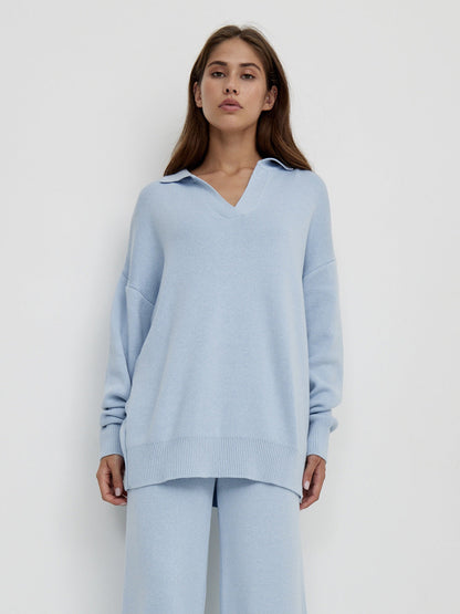 Knit Two-Piece Set with Collared Pullover and Wide-Leg Trousers