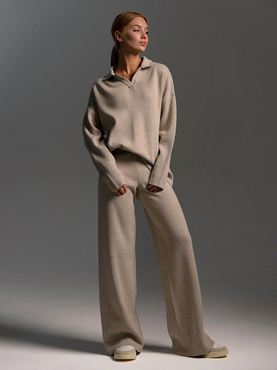Knit Two-Piece Set with Collared Pullover and Wide-Leg Trousers