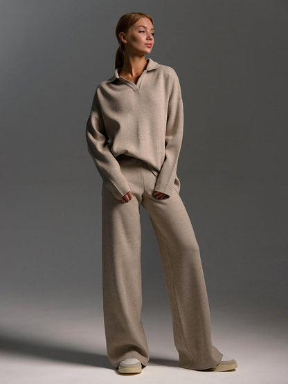 Knit Two-Piece Set with Collared Pullover and Wide-Leg Trousers
