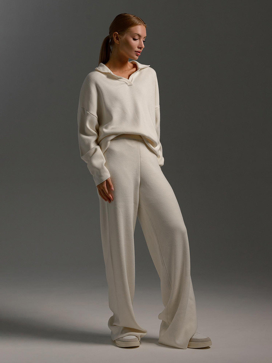 Knit Two-Piece Set with Collared Pullover and Wide-Leg Trousers