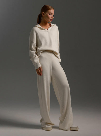 Knit Two-Piece Set with Collared Pullover and Wide-Leg Trousers