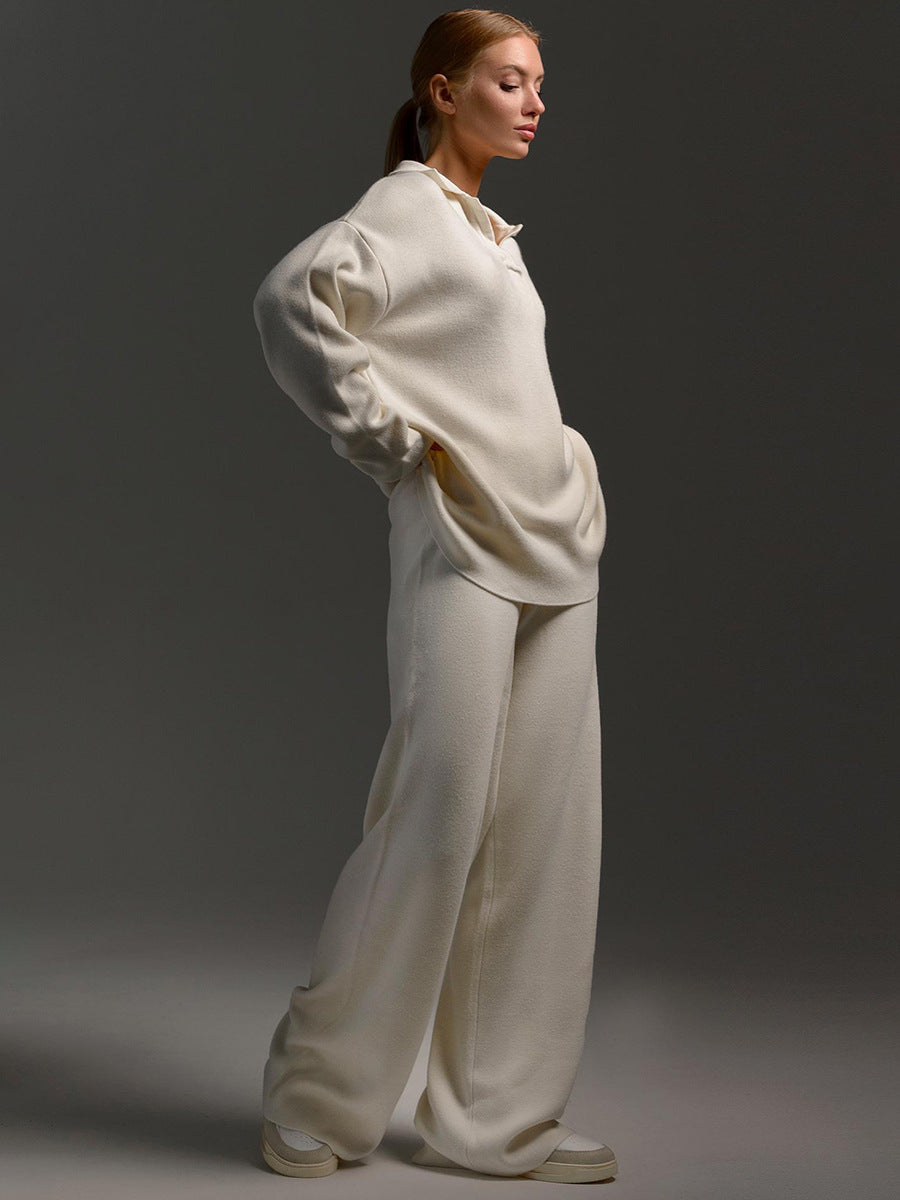Knit Two-Piece Set with Collared Pullover and Wide-Leg Trousers