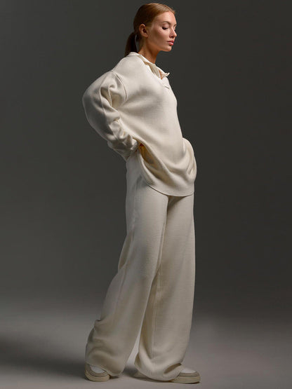 Knit Two-Piece Set with Collared Pullover and Wide-Leg Trousers