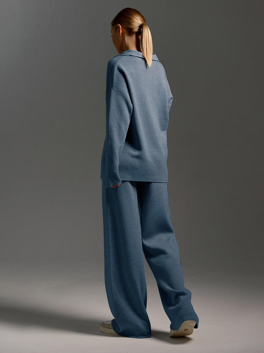 Knit Two-Piece Set with Collared Pullover and Wide-Leg Trousers