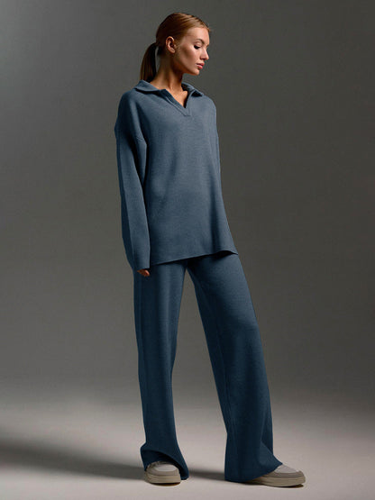 Knit Two-Piece Set with Collared Pullover and Wide-Leg Trousers