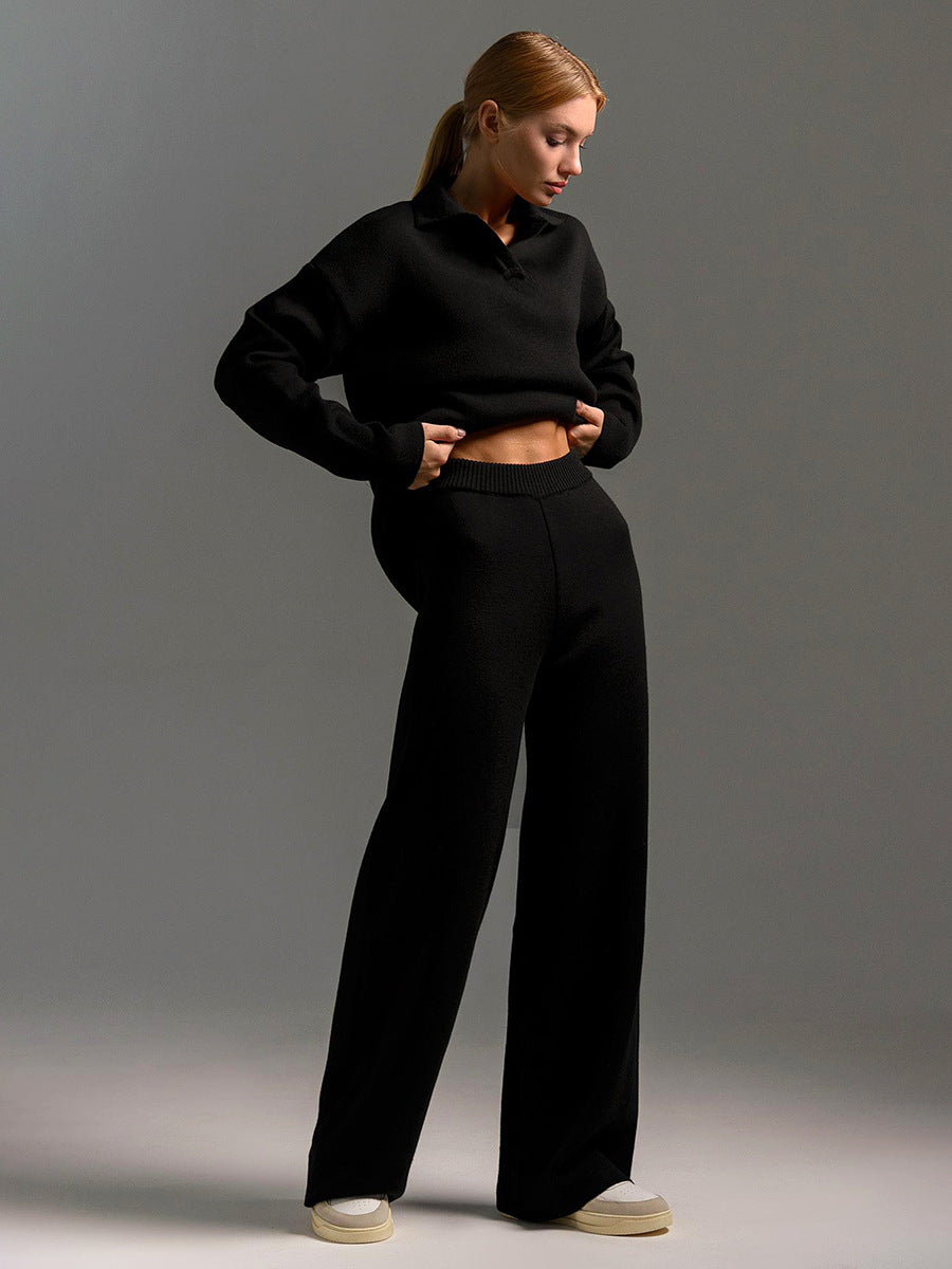Knit Two-Piece Set with Collared Pullover and Wide-Leg Trousers