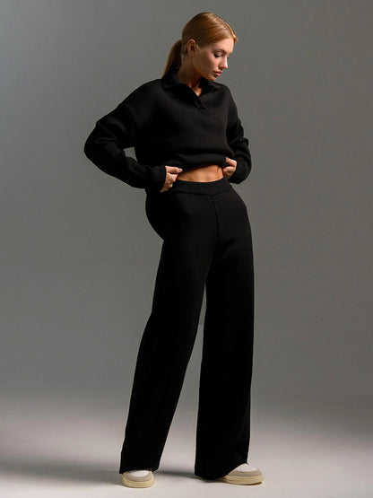 Knit Two-Piece Set with Collared Pullover and Wide-Leg Trousers