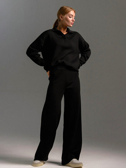 Knit Two-Piece Set with Collared Pullover and Wide-Leg Trousers