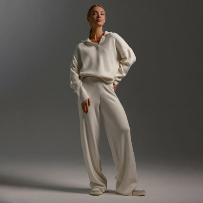 Knit Two-Piece Set with Collared Pullover and Wide-Leg Trousers