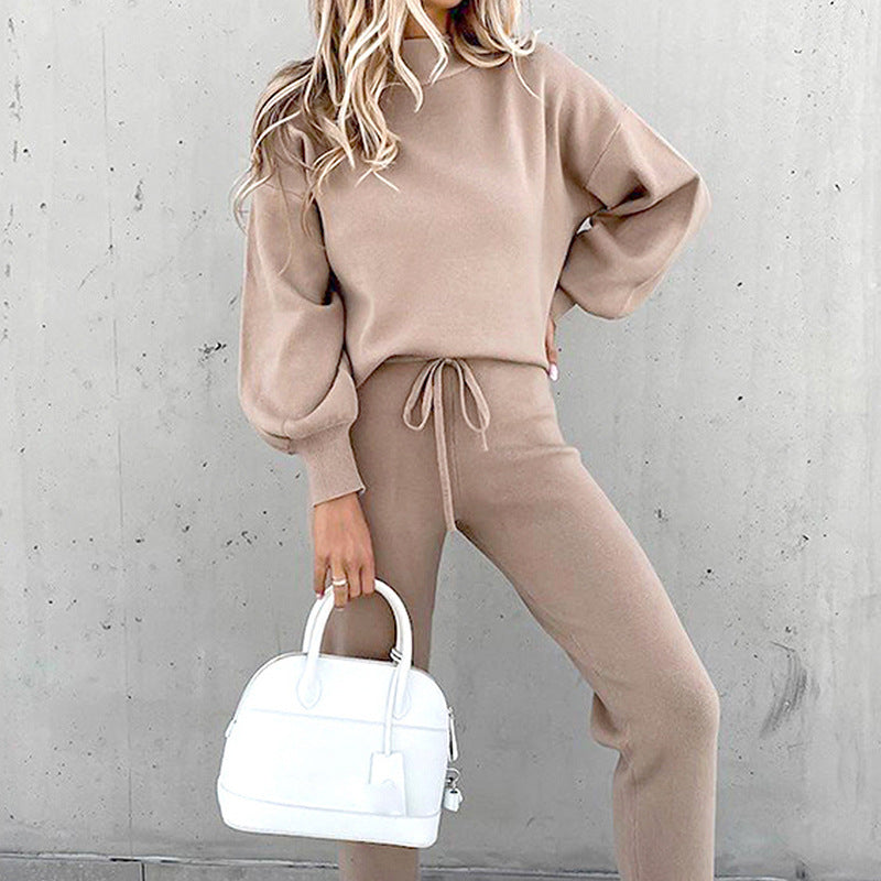 Two-Piece Mock-Neck Balloon-Sleeve Drawstring Set