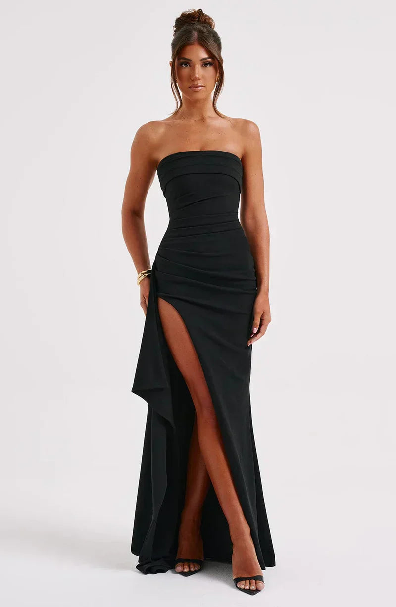 Strapless Maxi Dress Gown with Stretch Knit and High Side Slit