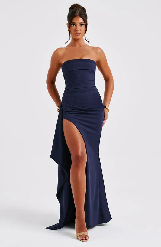 Strapless Maxi Dress Gown with Stretch Knit and High Side Slit