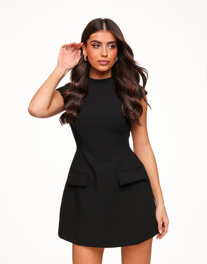 A-Line Structured Woven Mini Dress With Flap Pockets